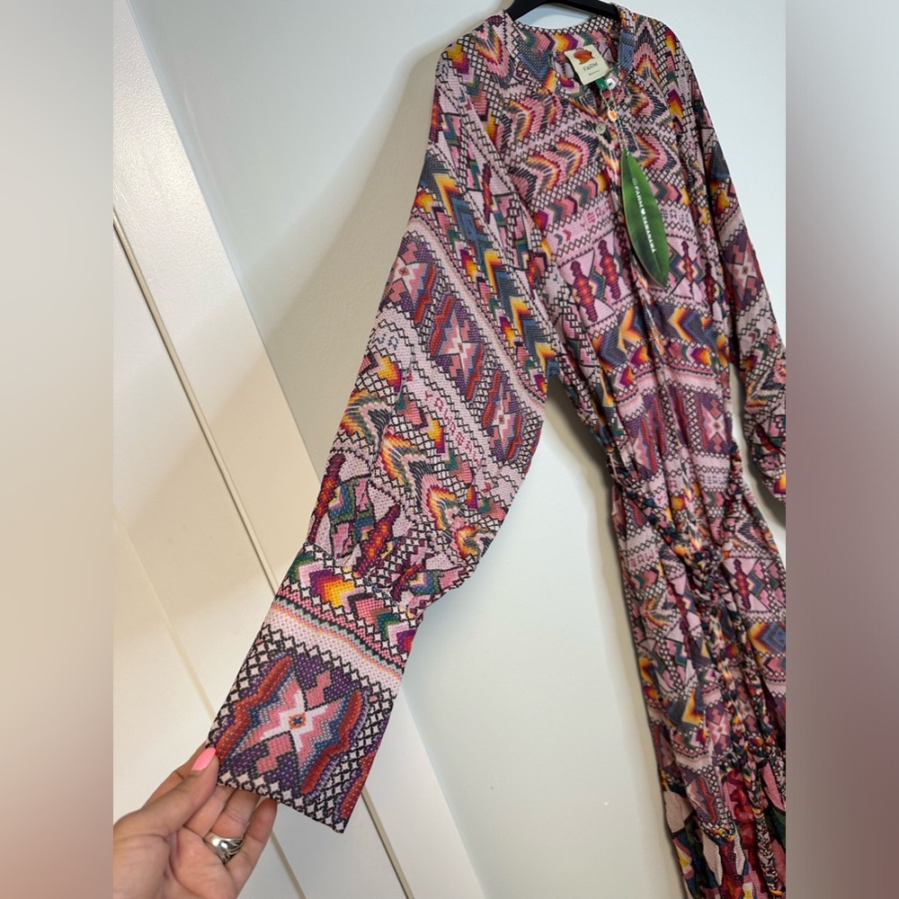 NWT Farm Rio Amulet Maxi Boho Sleeved Belted Aztec Sheer Dress Sz Large - Picture 13 of 17